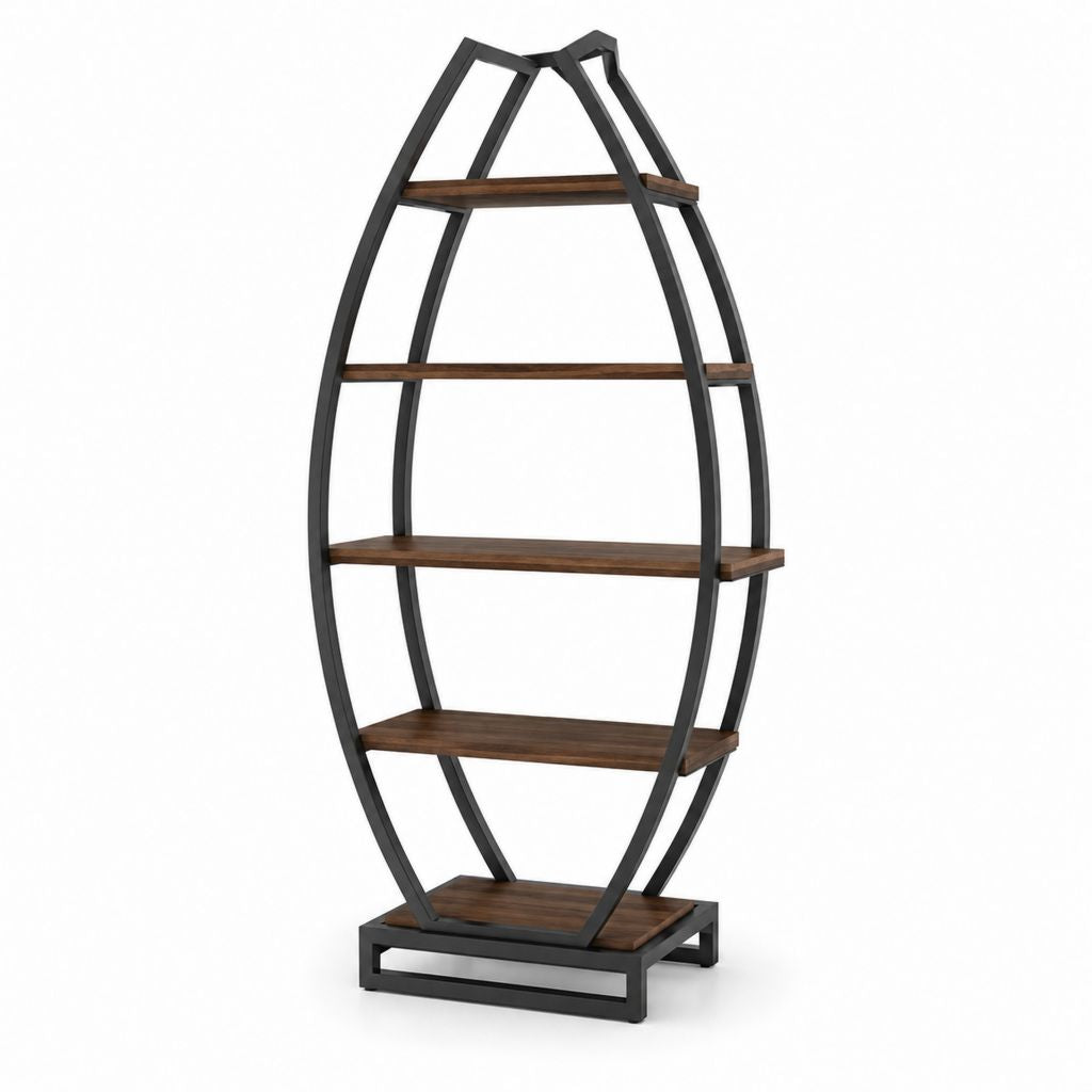 Regal in Form eines Bootes aus Stahl und Holz, 5 Regale, schwarz und braun Nussbaum, 70 × 35 × 180 cm