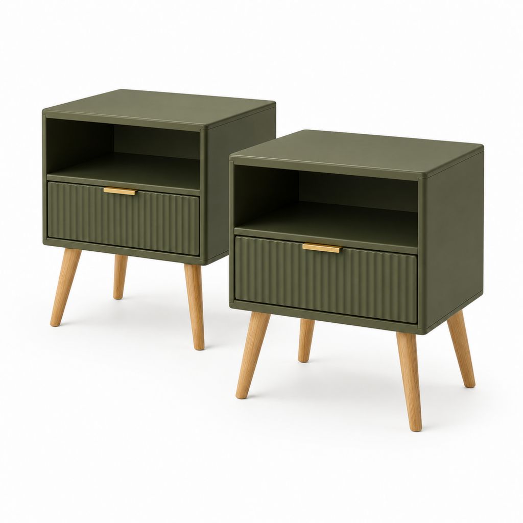 Set aus 2 rechteckigen Nachttischen aus MDF und Holz mit Schublade und offenem Fach, olivgrün, 40 × 35 × 55 cm