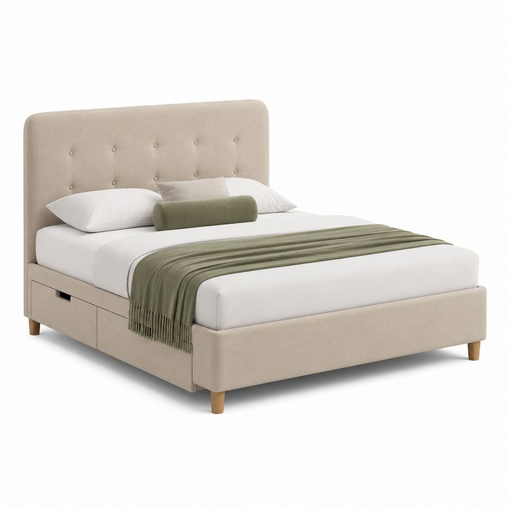 Doppelbett Container 160 × 200 cm beige mit gepolstertem Kopfteil und 2 Seitenschubladen