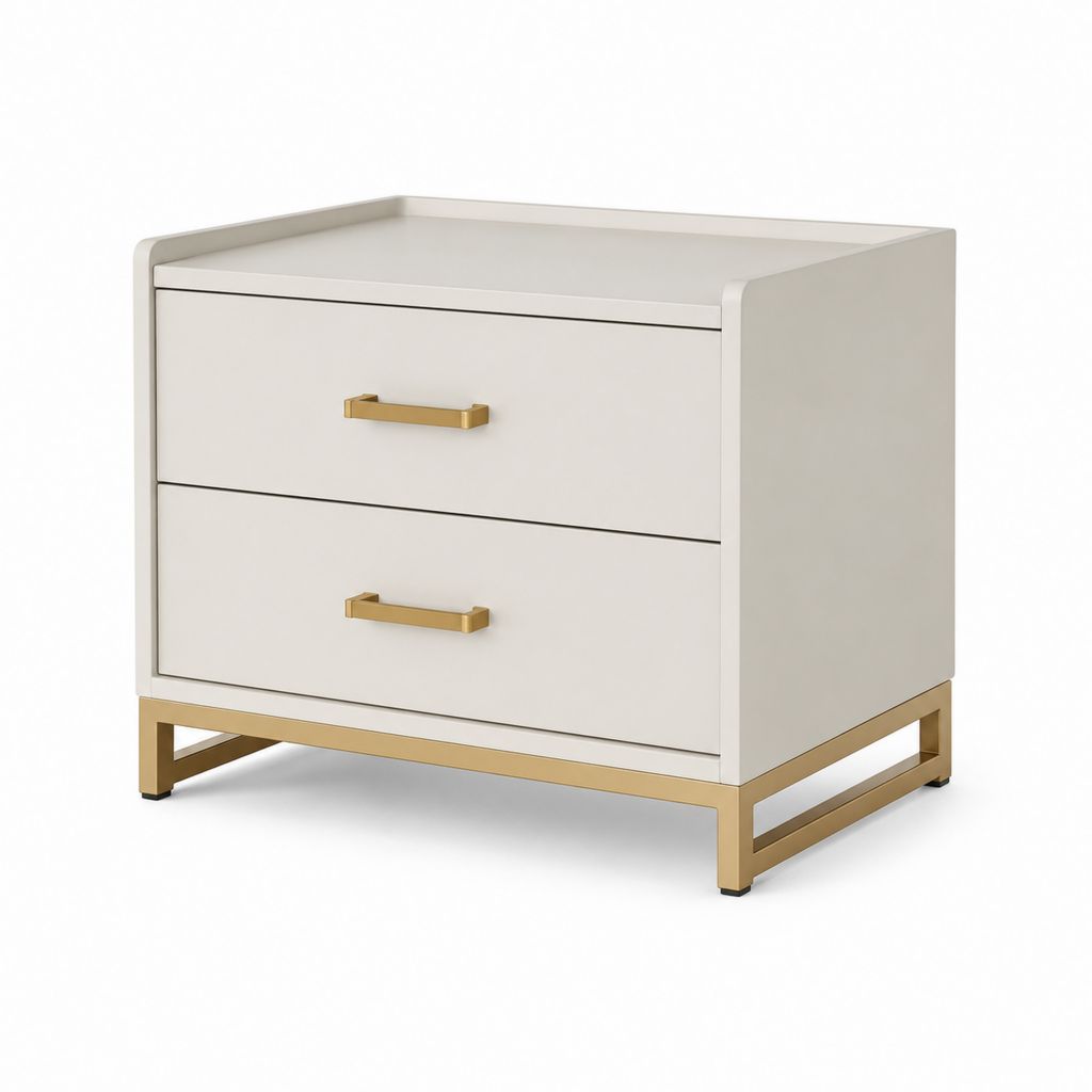 Rechteckiger Nachttisch mit 2 Schubladen aus MDF und Stahl, beige und messingfarben, 50 × 40 × 55 cm