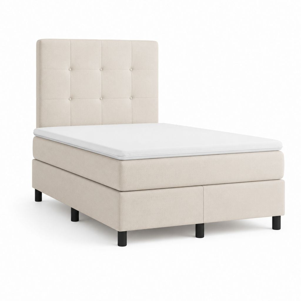 Boxspring-Bett ein Platz und eine halbe Beige Stoff mit Kopfteil, Matratze und Übermatratze, Ruhefläche 140 × 200 cm, Abmessungen 150 × 210 × 120 cm