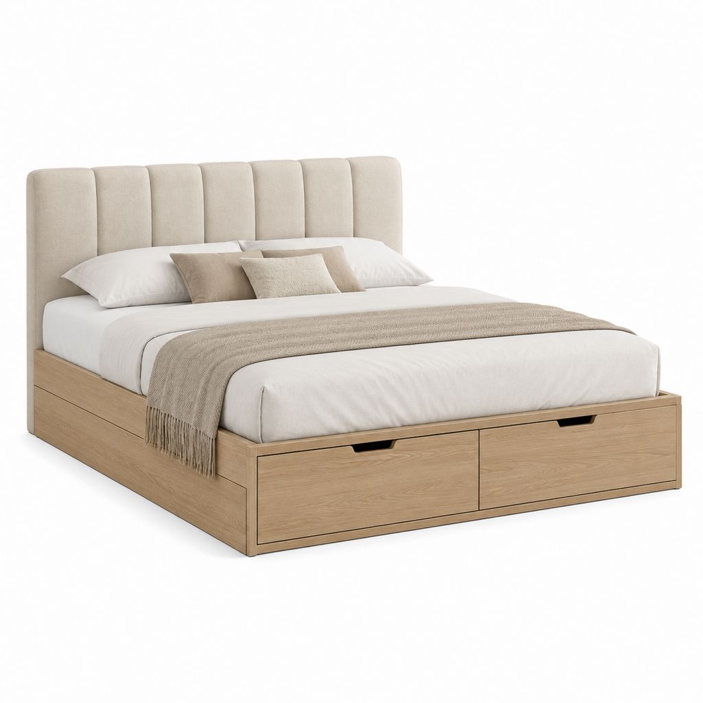 Doppelbett 160 × 200 cm aus Holz mit beige gepolstertem Kopfteil und 2 Schubladen, Naturholz, 218 × 170 × 115 cm