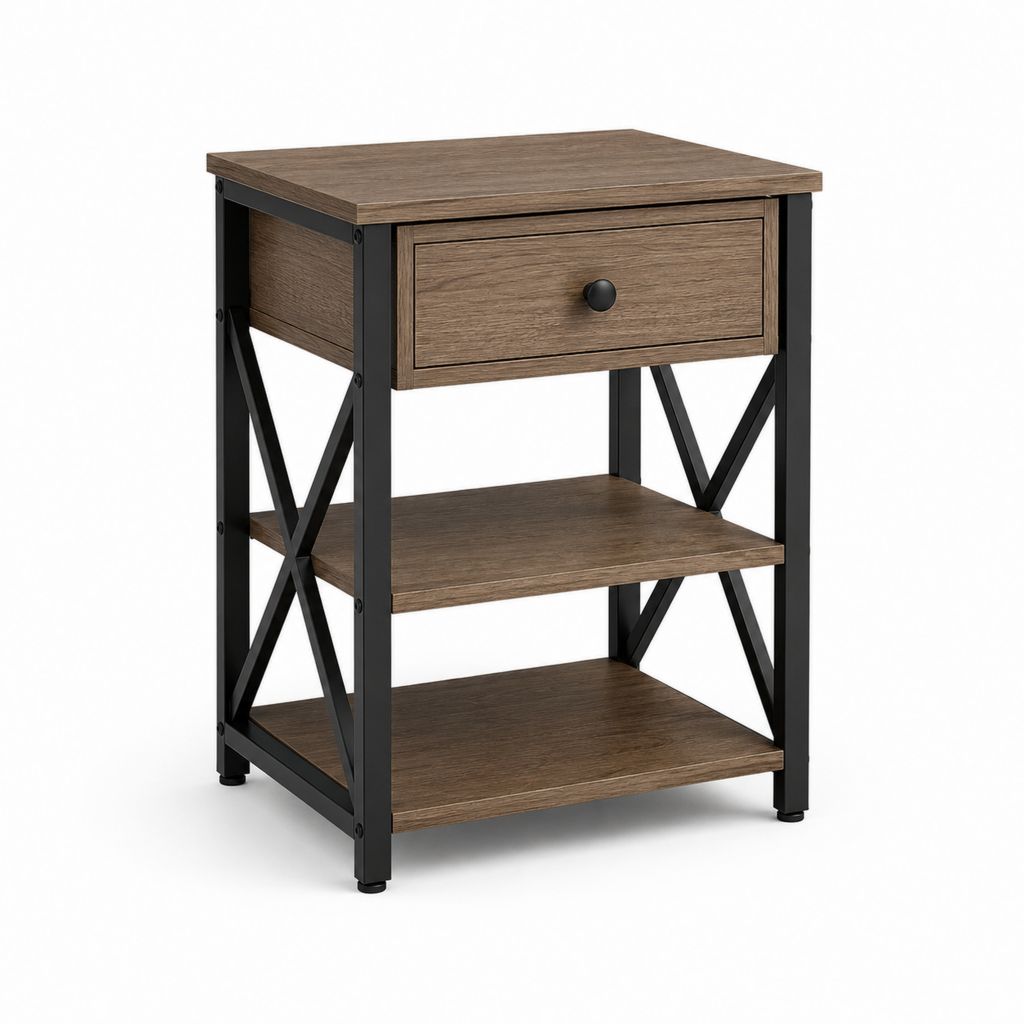 Rechteckiger Nachttisch aus Holz und Metall mit Schublade und 2 Regalen, braun und schwarz, 45 × 40 × 60 cm