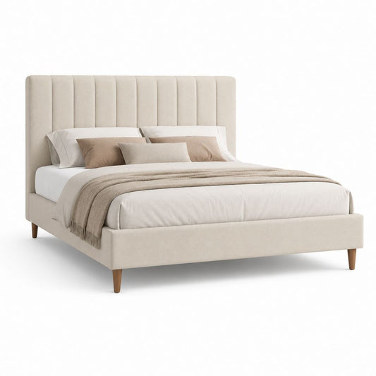 Beige gepolstertes Doppelbett mit Plattenkopf, Polyester-Beschichtung, Netz 160 × 200 cm, Abmessungen 174 × 216 × 120 cm