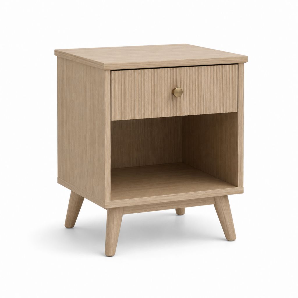 Rechteckiger Nachttisch aus Holz mit Schublade und offenem Fach, Eiche und Messing, 45 × 40 × 60 cm