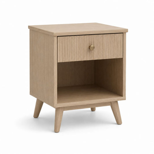Rechteckiger Nachttisch aus Holz mit Schublade und offenem Fach, Eiche und Messing, 45 × 40 × 60 cm