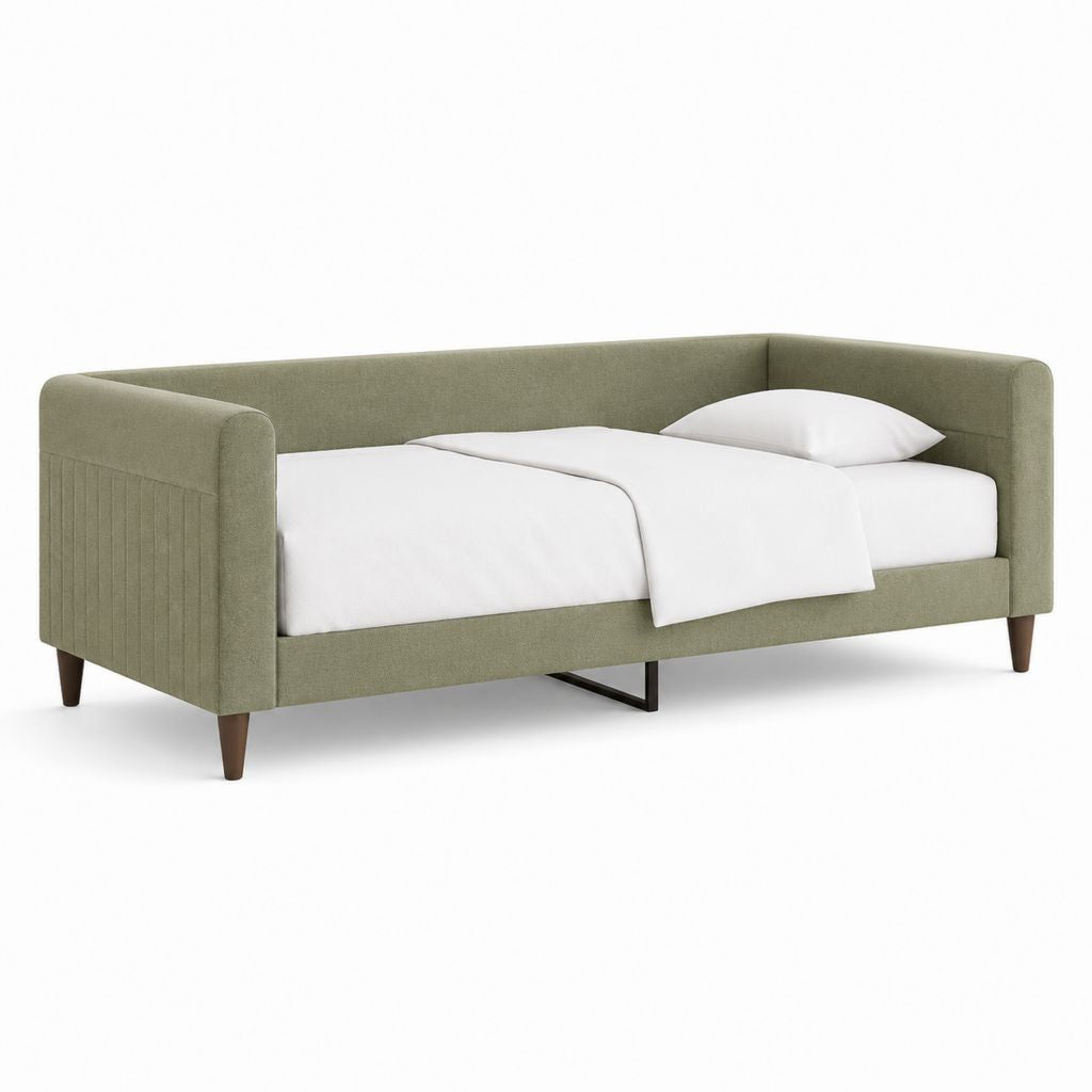 Gepolstertes Einzelbett aus olivgrünem Stoff mit Rücken, Seitenwänden und Lattennetz, 216 × 105 × 82 cm, Matratze 90 × 200 cm