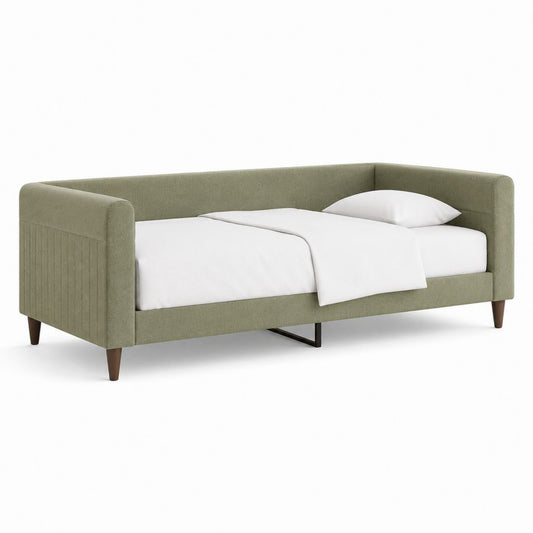 Gepolstertes Einzelbett aus olivgrünem Stoff mit Rücken, Seitenwänden und Lattennetz, 216 × 105 × 82 cm, Matratze 90 × 200 cm