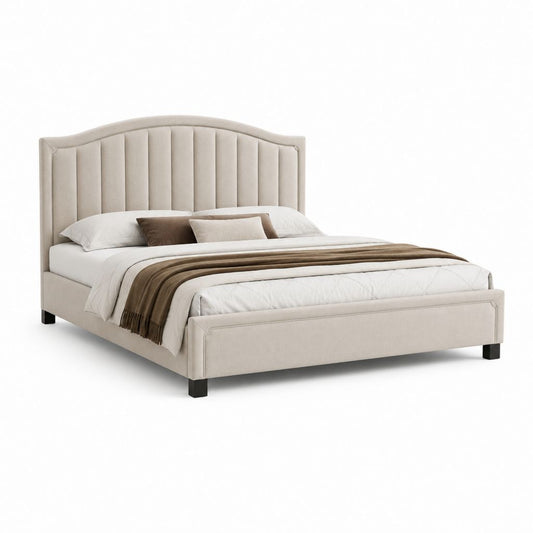 Gepolstertes Doppelbett beige 174 × 218 × 126 cm für Matratze 160 × 200 cm, mit gewölbtem Kopfteil