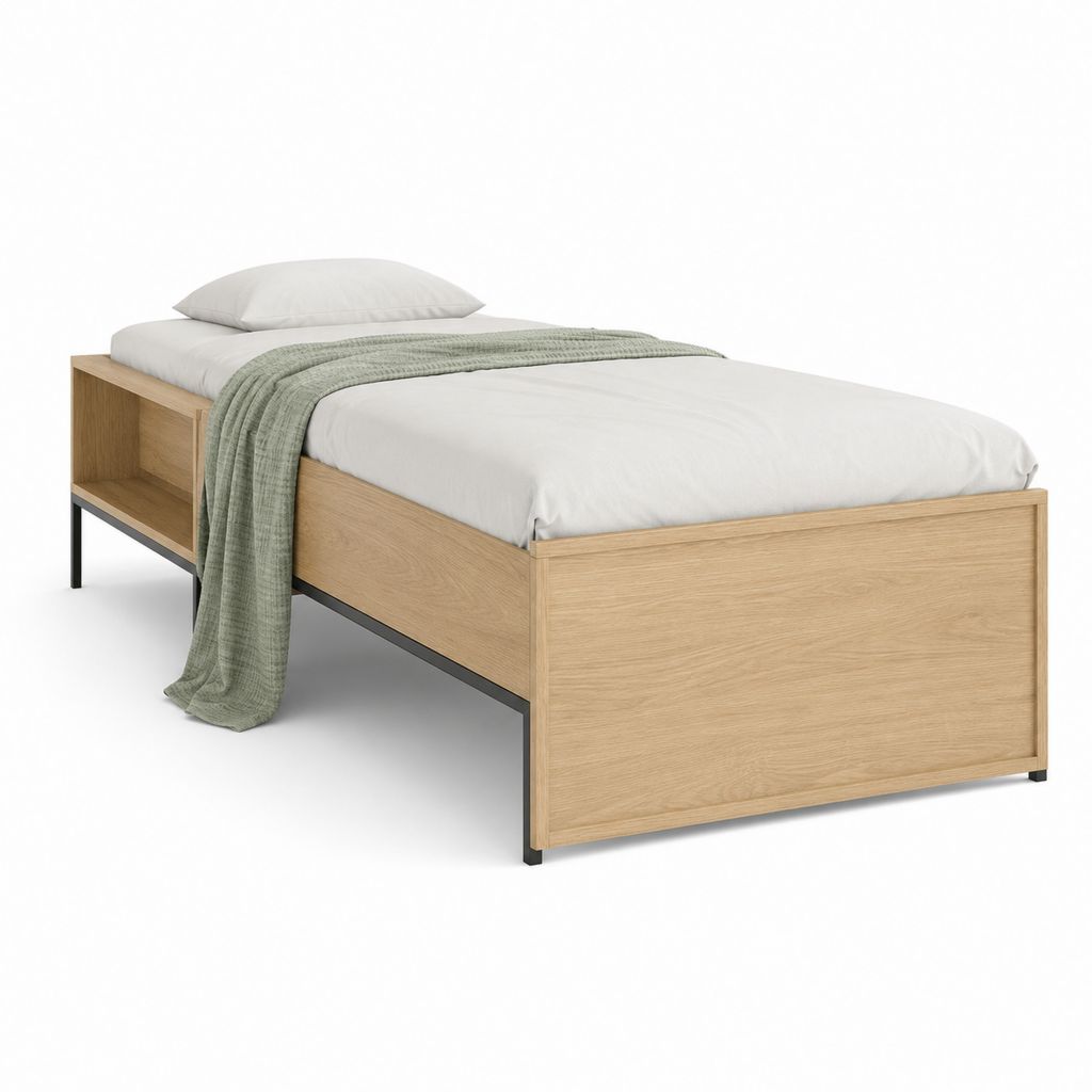 Einzelbett 90 × 200 cm aus paneel striciolar Eiche Effekt und schwarzer Stahl mit Handschuhfach, 208 × 97 × 65 cm