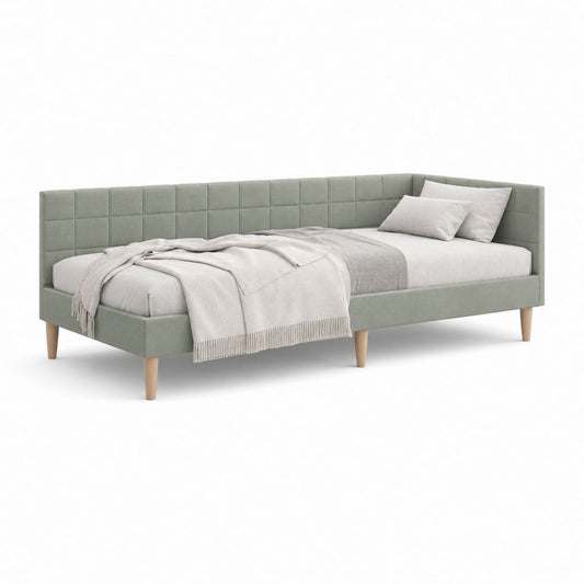Gepolstertes Einzelbett aus grünem Stoff Salbei mit Eckkopf, Oberfläche 90 × 200 cm, Abmessungen 215 × 102 × 86 cm