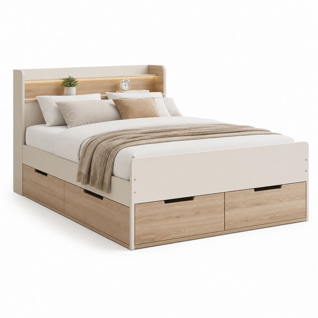 Doppelbett Container 160 × 200 cm in melaminischer Trübe mit 4 Schubladen, Kopfteil mit Regal und LED-Beleuchtung, 168 × 218 × 110 cm, weißer Creme und heller Eiche