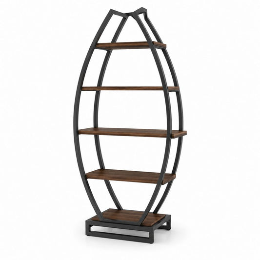 Regal in Form eines Bootes aus Stahl und Holz, 5 Regale, schwarz und braun Nussbaum, 70 × 35 × 180 cm