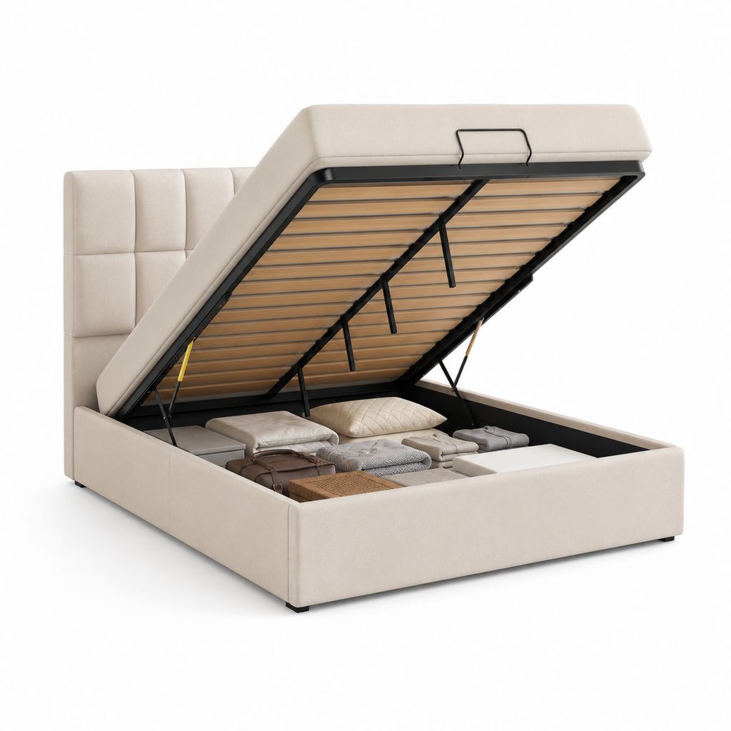 Doppelbett Container 160 × 200 cm beige Stoff mit Lattennetz und Kopfteil gesteppt, 216 × 173 × 110 cm
