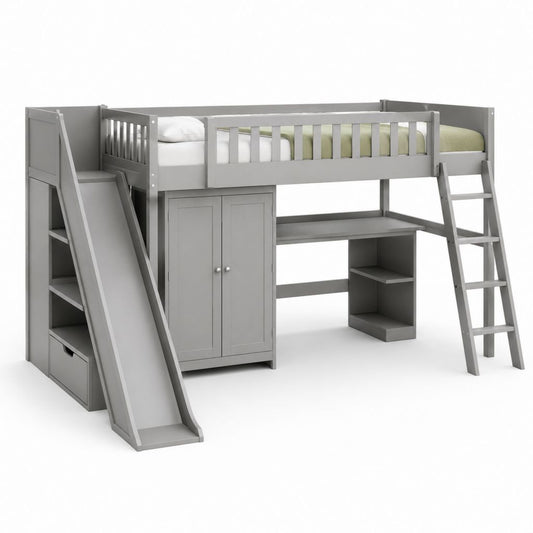 Kinderbett 90 × 200 cm, Größe 242 × 250 × 180 cm, massive Kiefer und graue MDF, mit Rutsche, Treppe, Schreibtisch, Schrank und Behälter