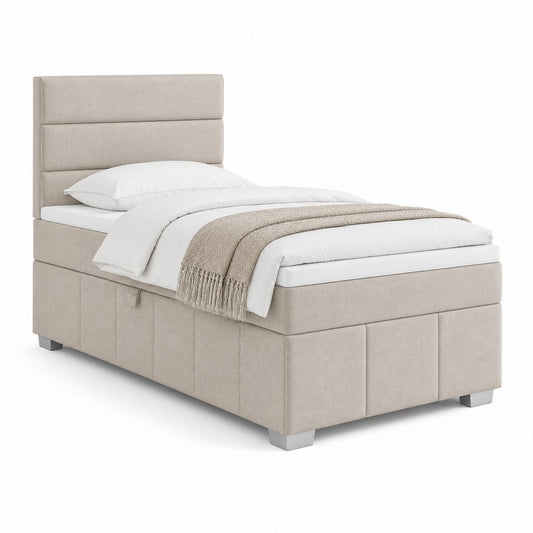 Einzelbett beige Stoffbehälter 105 × 215 × 120 cm, Matratzefläche 90 × 200 cm, gepolstertes Kopfteil und Lattennetz