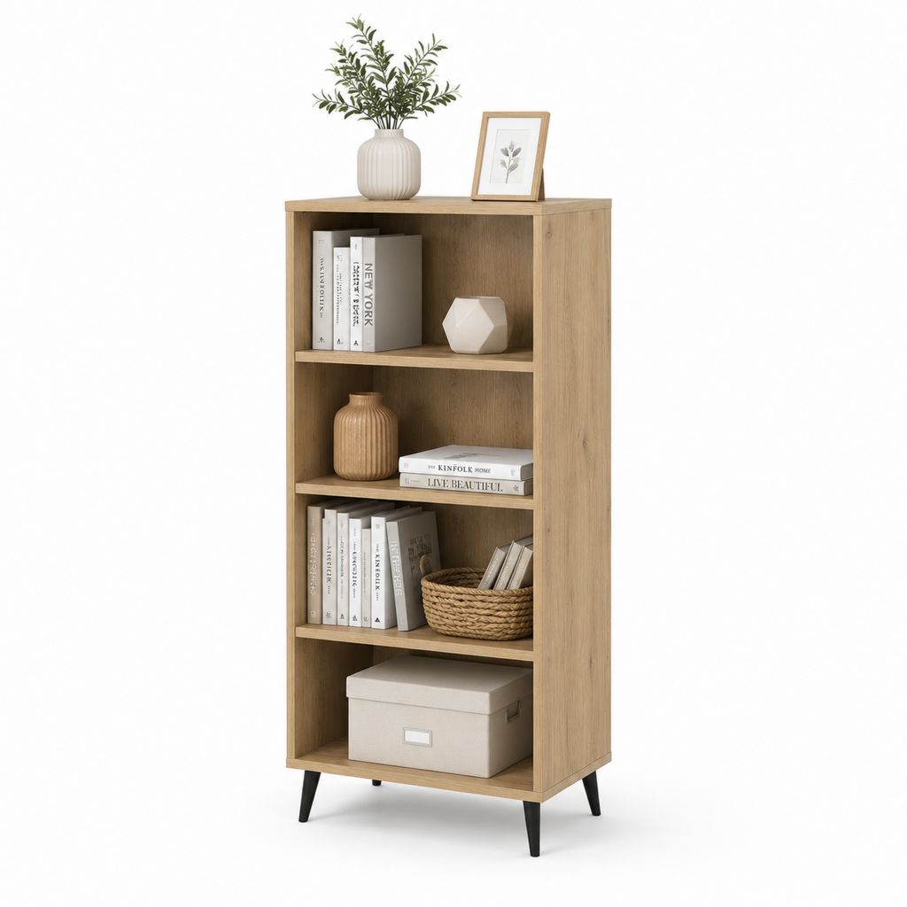 4 rechteckige Boden-Bibliothek in Spanplatten, Natur- und Schwarze Eiche, 60 × 30 × 140 cm