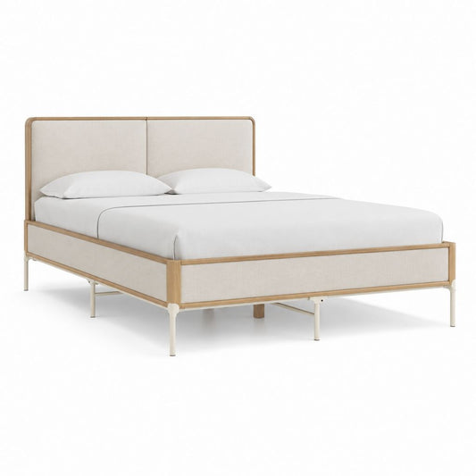 Doppelbett 160 × 200 cm mit gepolstertem Kopfteil, Struktur aus Holz und Stahl, Beige, Naturholz und weißer Creme, 210 × 169 × 115 cm