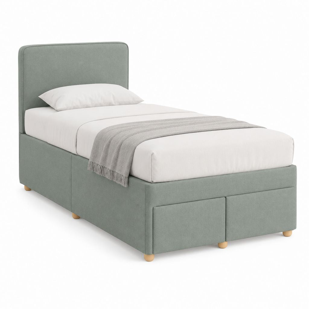 Gepolstertes Einzelbett mit 2 Schubladen, Beschichtung aus grünem Polyester Salbei, 212 × 101 × 110 cm, Matratze 90 × 200 cm