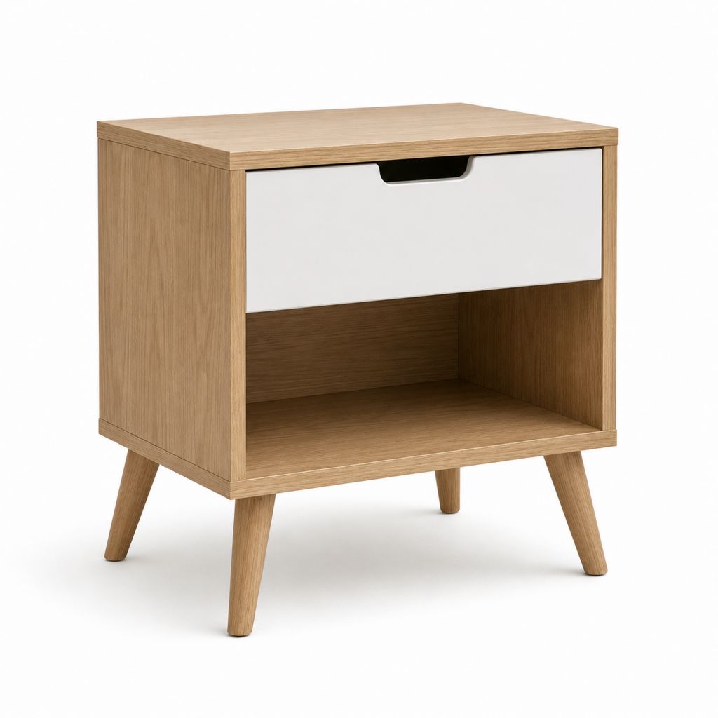 Nachttisch aus MDF mit Schublade und offenem Fach, Eiche natur und weiß, 45 × 35 × 55 cm