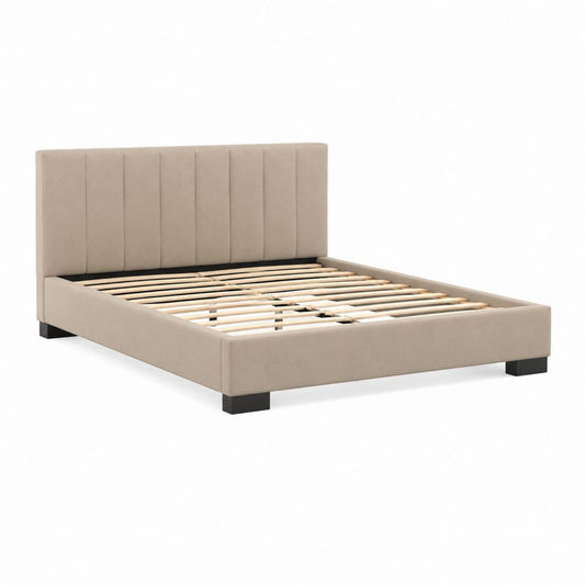 Beige gepolstertes Doppelbett mit Lattennetz, Matratze Fläche 160 × 200 cm, Abmessungen 172 × 215 × 110 cm