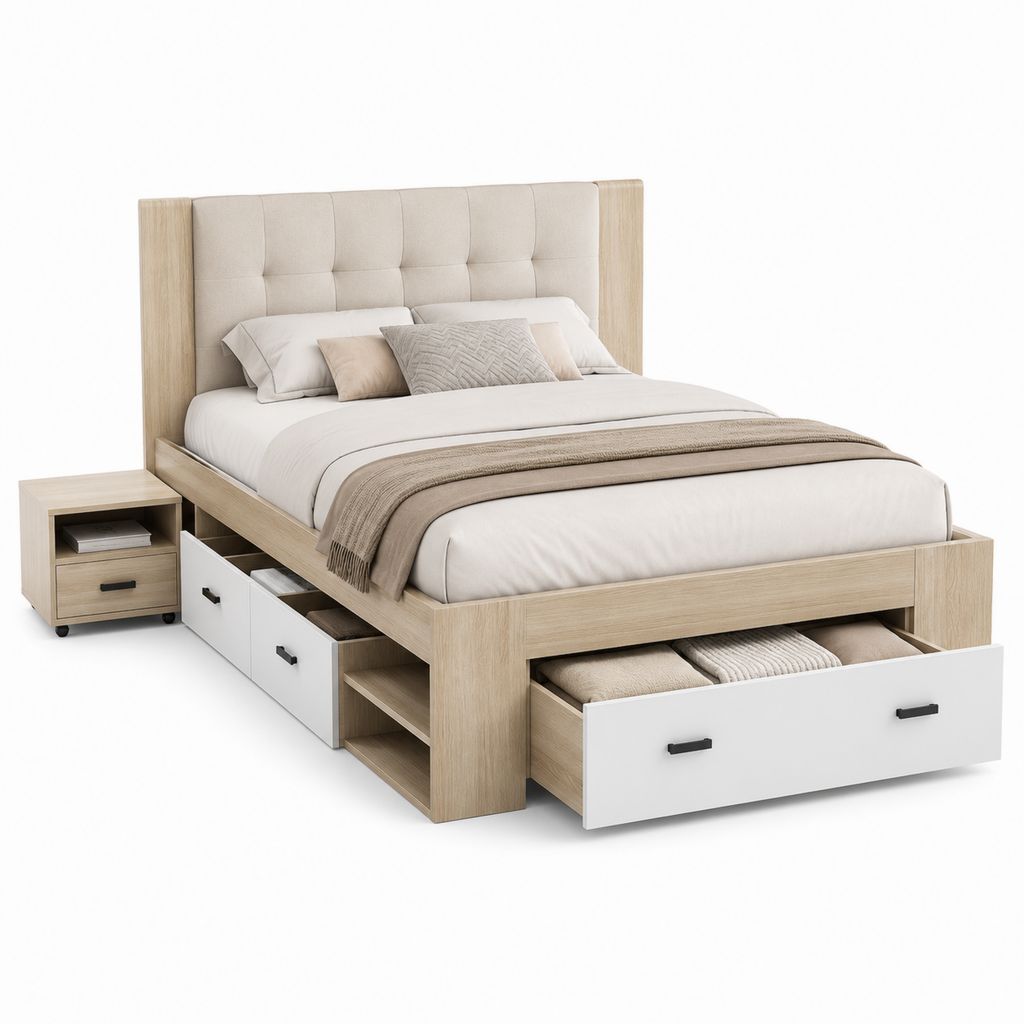 Doppelbett Holzbehälter und MDF 198 × 218 × 120 cm, Netz 180 × 200 cm, 3 Schubladen und gepolstertem Kopfteil, Beige, Natur- und Weißholz