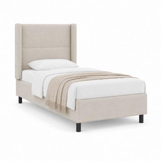 Beige Einzelbett aus Polyester mit hohem Kopfteil, Oberfläche 90 × 200 cm, Abmessungen 103 × 215 × 120 cm