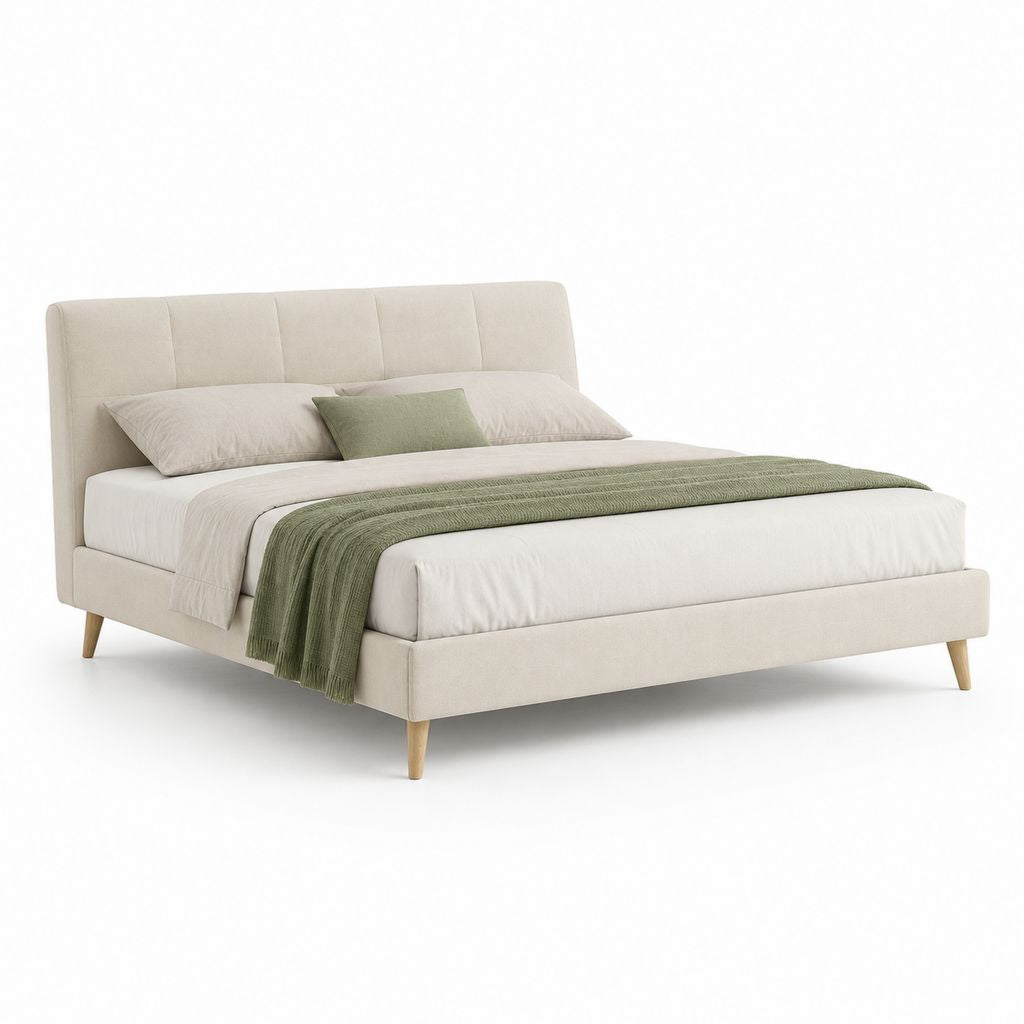 Gepolstertes Doppelbett aus beige Polyester mit Netz 160 × 200 cm, Abmessungen 176 × 218 × 105 cm