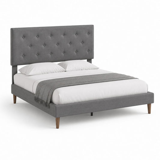 Gepolstertes Doppelbett aus grauem Stoff mit Kopfteil mit Knöpfen und braunen Beinen, 216 × 171 × 120 cm, Matratze 160 × 200 cm