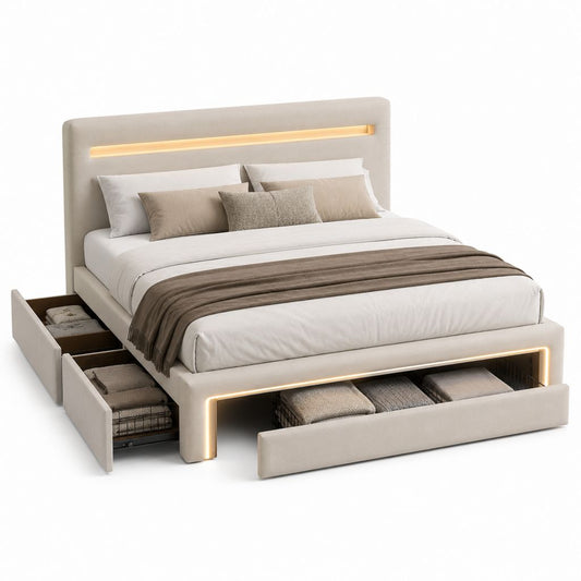 Gepolstertes Doppelbett mit LED und 3 Schubladen, beige Polyester-Beschichtung, 180 × 200 cm