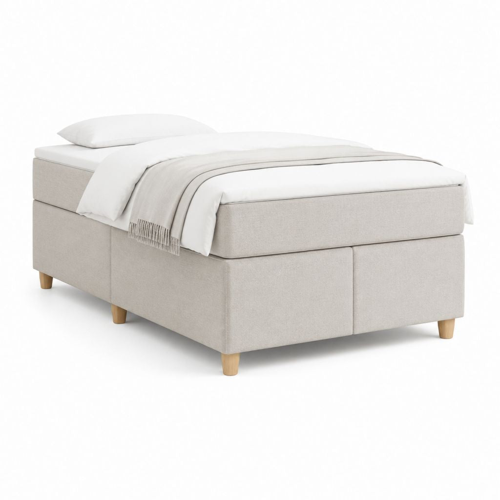 Doppel-Boxspring-Bett 160 × 200 cm aus hellem Beige-Gewebe, ohne Kopfteil, mit Matratze und Topper, Satz von 4 Stück