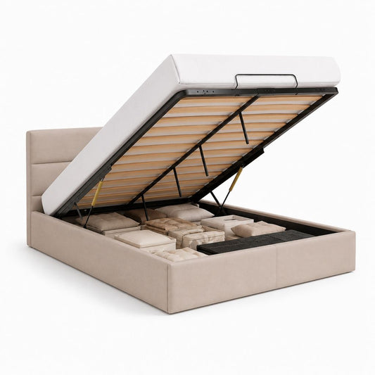 Doppelbett Container 160 × 200 cm aus beigefarbenem Stoff mit gepolstertem Kopfteil und Lattennetz, 220 × 170 × 105 cm