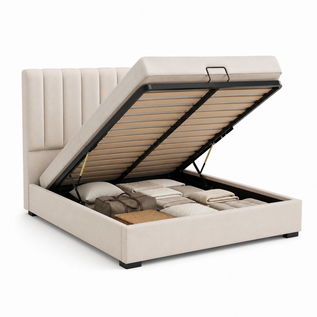 Doppelbett Container 160 × 200 cm beige Polyester mit Lattennetz und gepolstertem Kopfteil, 173 × 215 × 112 cm