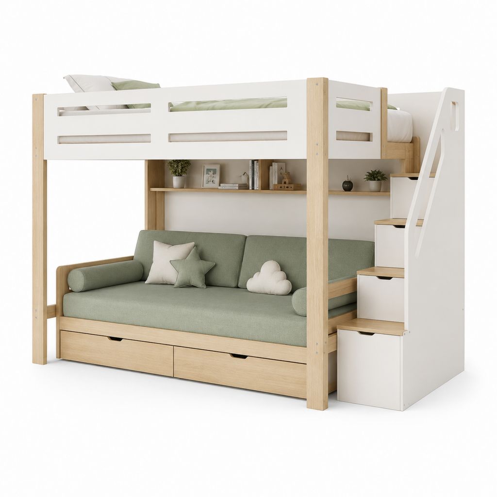 Kinderbett 250 × 120 × 180 cm, Bettboden 90 × 200 cm, mit Sofa-Container und Treppe, Holz, MDF und Stoff, weiß, Eiche und hellgrün
