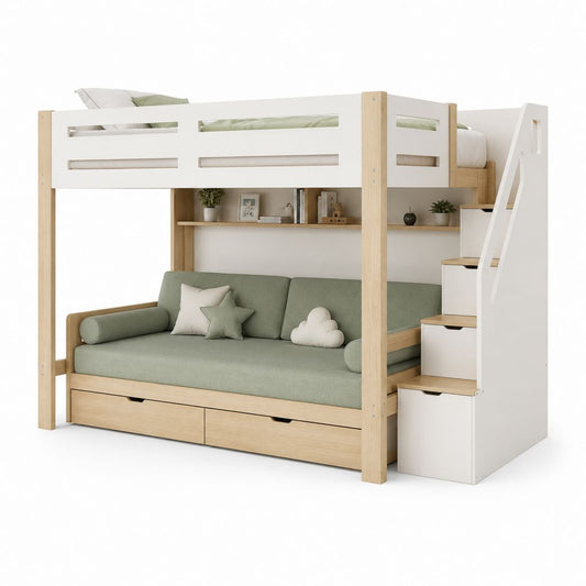 Kinderbett 250 × 120 × 180 cm, Bettboden 90 × 200 cm, mit Sofa-Container und Treppe, Holz, MDF und Stoff, weiß, Eiche und hellgrün
