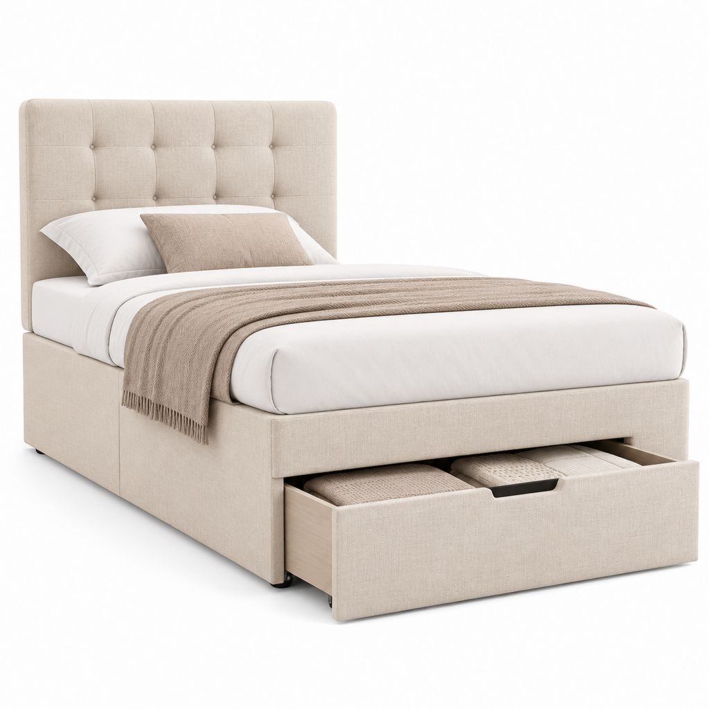 Beige gepolstertes Doppelbett mit Schublade Container, Ruhefläche 160 × 200 cm, Abmessungen 176 × 218 × 115 cm