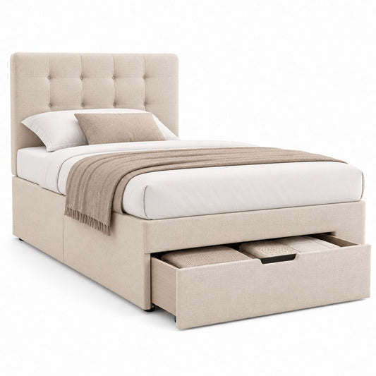 Beige gepolstertes Doppelbett mit Schublade Container, Ruhefläche 160 × 200 cm, Abmessungen 176 × 218 × 115 cm