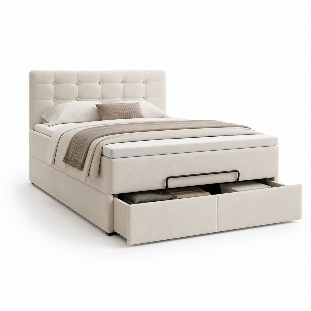 Gepolstertes Doppelbett mit Behälter, Steppkopf und 2 Schubladen, beige, für Matratze 160 × 200 cm, 174 × 223 × 110 cm