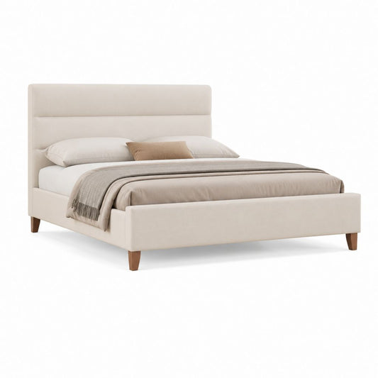 Gepolstertes Doppelbett 160 × 200 cm aus beige Polyester mit rechteckigem Kopfteil