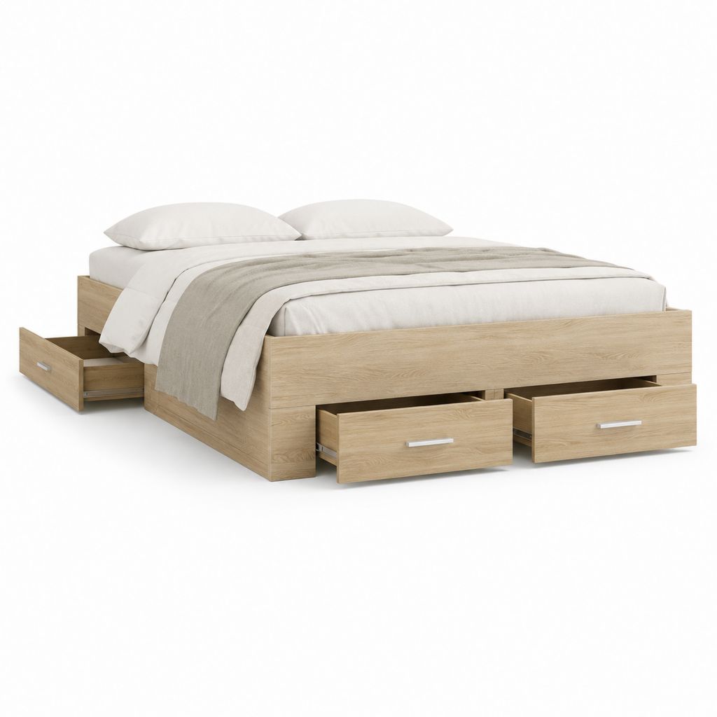 Doppelbett Container 160 × 200 cm in paneelen schrulligen hellen Eiche Effekt mit 3 Schubladen, 205 × 166 × 80 cm