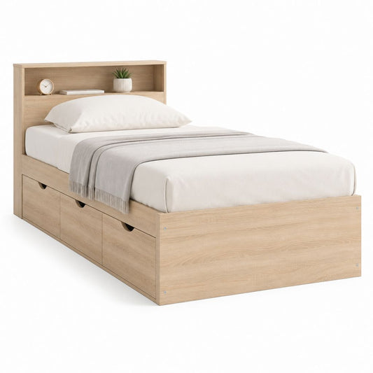 Einzelbett aus Holz mit 3 Schubladen und Gehäuse Kopfteil, helle Eiche, 218 × 96 × 110 cm, Matratze Fläche 90 × 200 cm