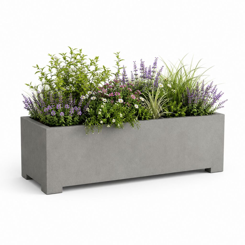 Rechteckige Blüte aus grauem Zement 100 × 40 × 45 cm